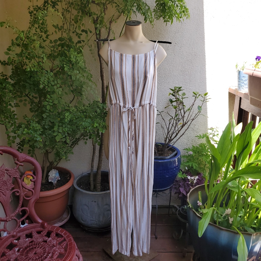 Mimi Chica White and Brown Striped Jumpsuit Pockets too